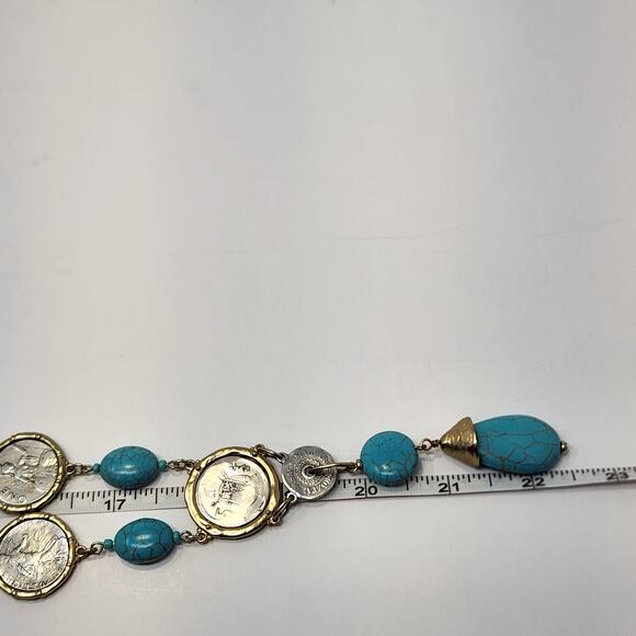 Chicos Faux Turquoise Coin Accent Long Necklace Two Tone Metal Y Drop Jewelry - Picture 5 of 6